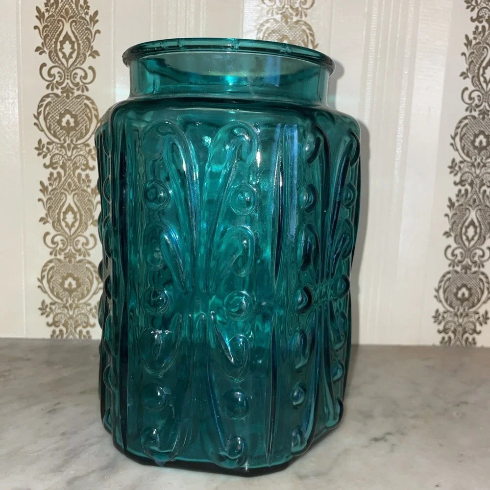 Vintage‎ LE Smith Imperial Atterbury Scroll Canister Jar Teal Glass Apothecary